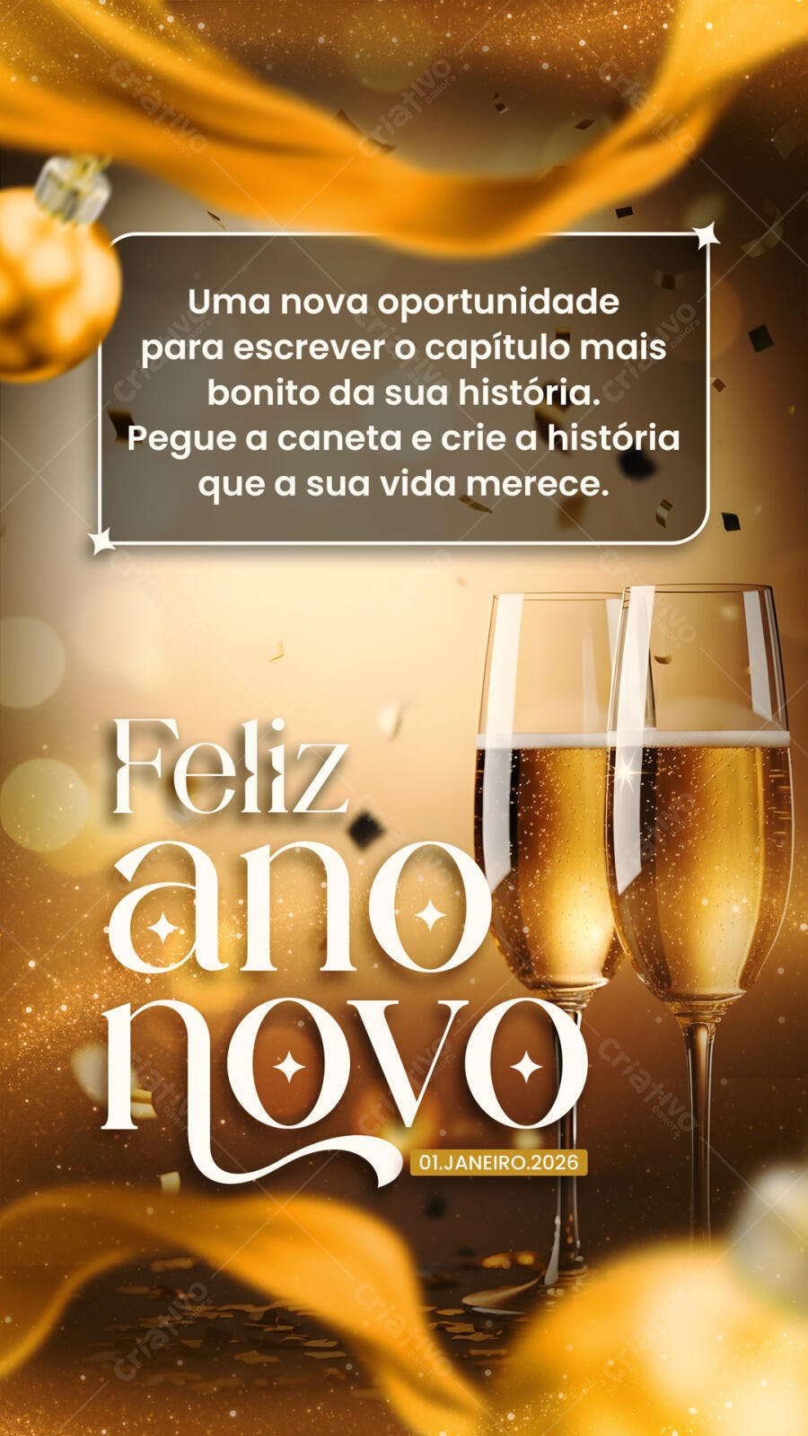 Post Feliz Ano Novo com Taças e Mensagem de Esperança PSD Editável