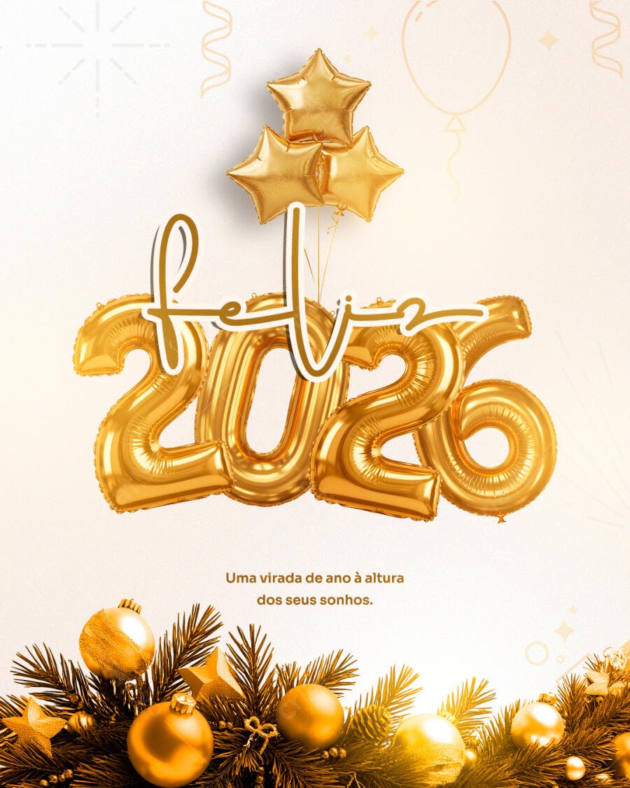 Flyer Digital para Ano Novo 2026 Dourado com Balões PSD Editável