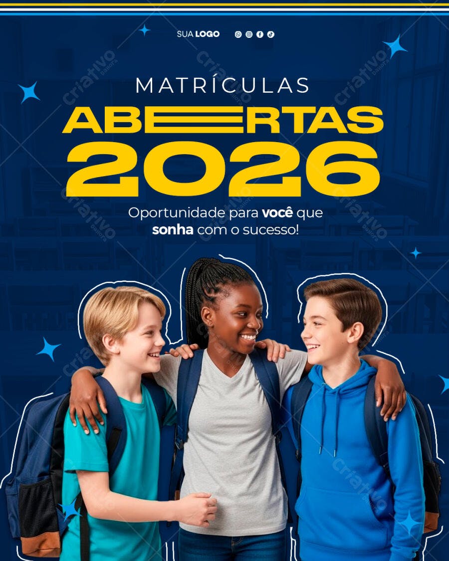 Flyer Matrículas Abertas 2026 Alunos Diversos Escola Azul PSD Editável