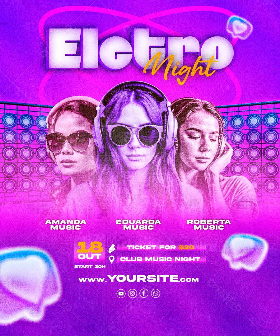 Flyer Eletro Night Roxo e Rosa com 3 DJs e Fones de Ouvido PSD Editável
