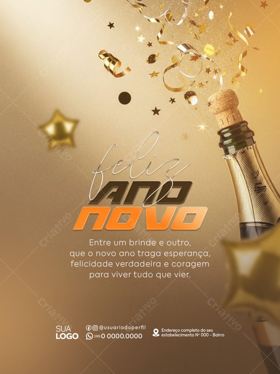 Flyer Ano Novo Dourado Champanhe Confetes PSD Editável