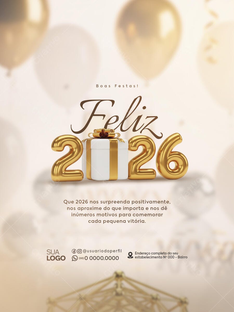 Post de Ano Novo Feliz 2026 Boas Festas PSD Editável