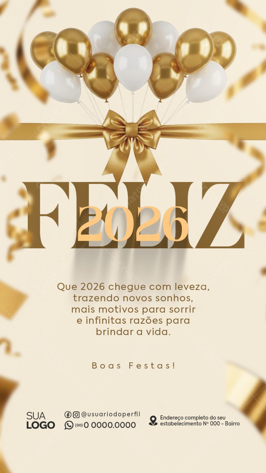 Flyer Boas Festas Feliz 2026 com Balões Dourados PSD Editável