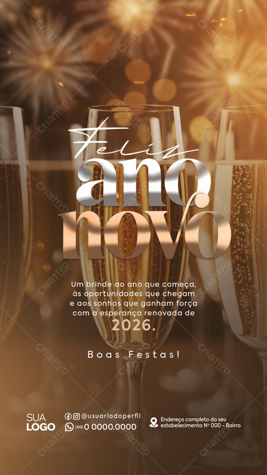 Flyer Feliz Ano Novo com Taças Champanhe Douradas PSD Editável