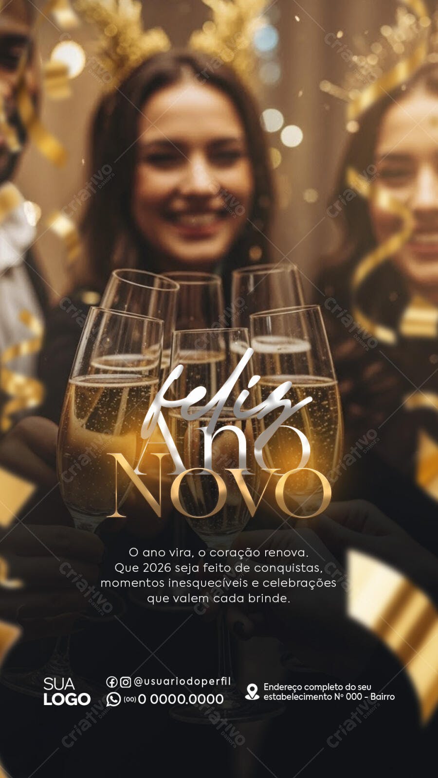 Flyer Réveillon Brinde Champanhe e Confetes Dourados PSD Editável