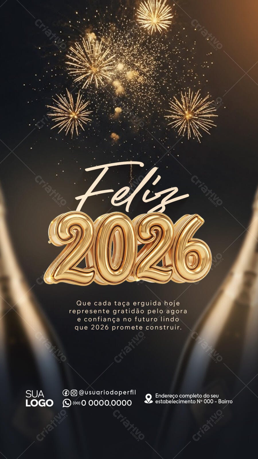 Post Redes Sociais Feliz 2026 com Fogos Dourados PSD Editável