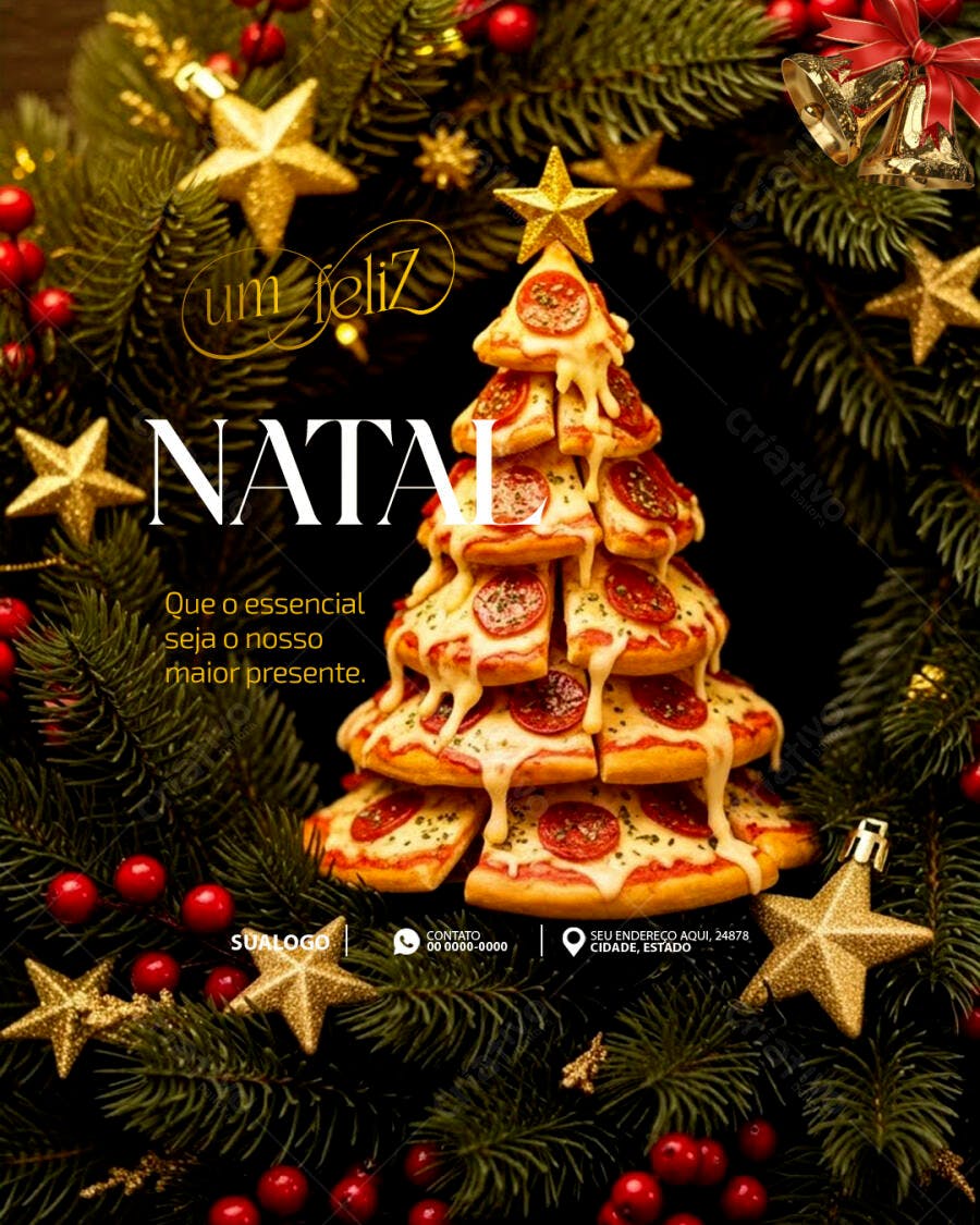 Flyer Natal Criativo com Árvore de Pizza para Pizzaria PSD Editável