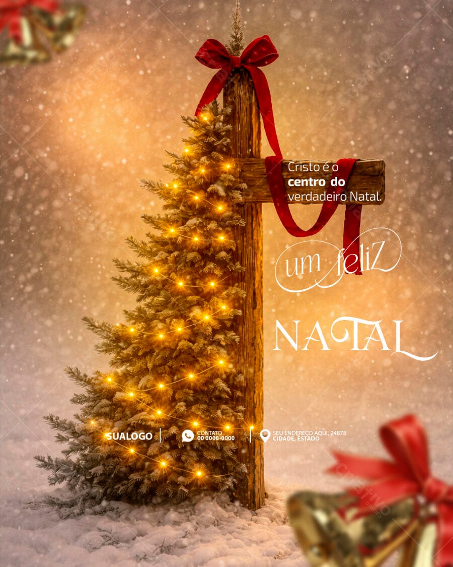 Flyer Natal Religioso com Cruz e Árvore PSD Editável