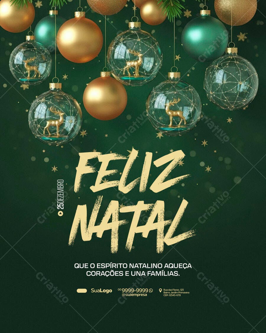 Flyer Natalino 25 Dezembro Feliz Natal Com Renas Douradas PSD Editável