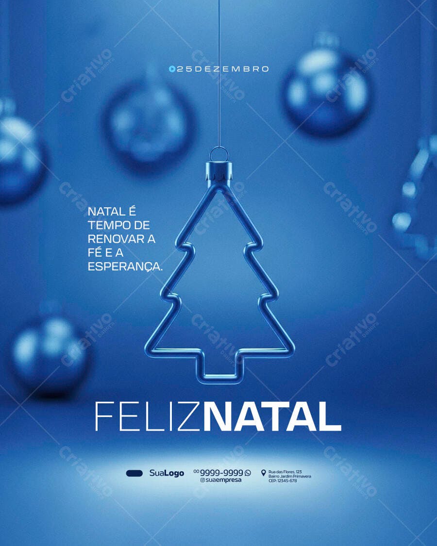 Flyer Feliz Natal Azul Moderno com Árvore Neon para Redes Sociais PSD Editável