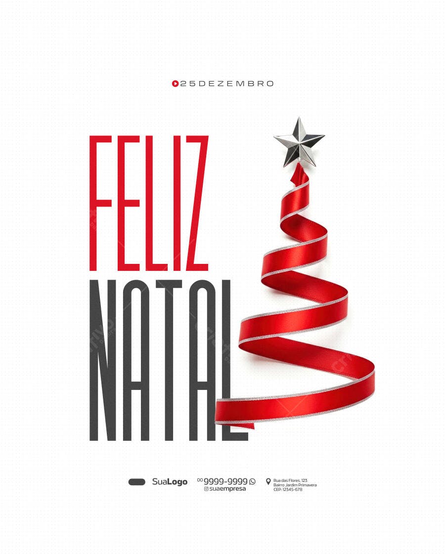 Flyer Feliz Natal Elegante Fita Vermelha Estrela PSD Editável