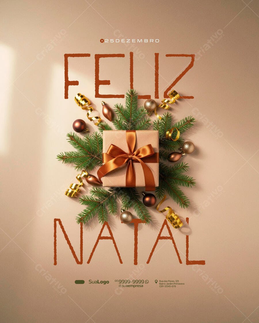 Flyer de Feliz Natal Clássico com Presente e Pinhas PSD Editável