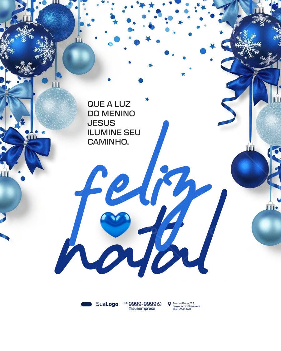 Post Feliz Natal Azul com Bolas e Mensagem de Jesus Psd Editável