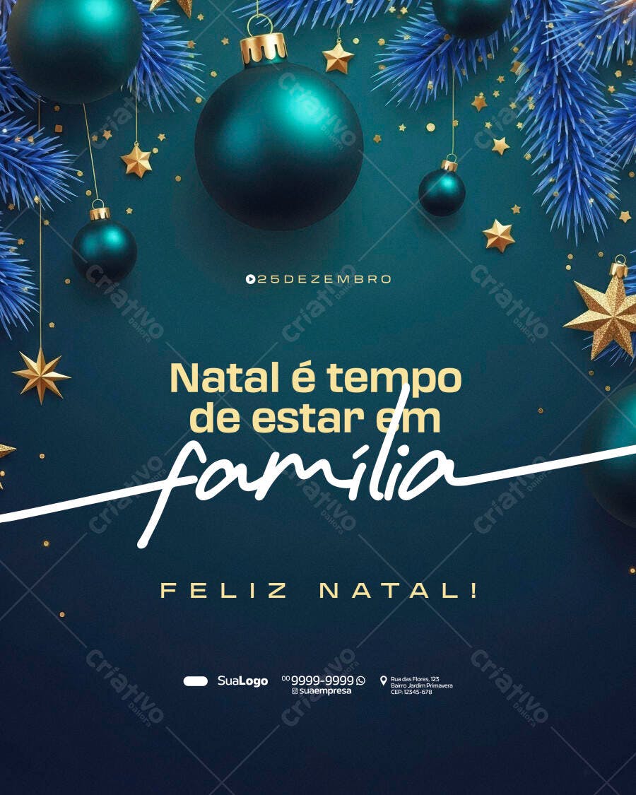 Flyer Natal Família Elegante Bolas Azuis e Douradas PSD Editável