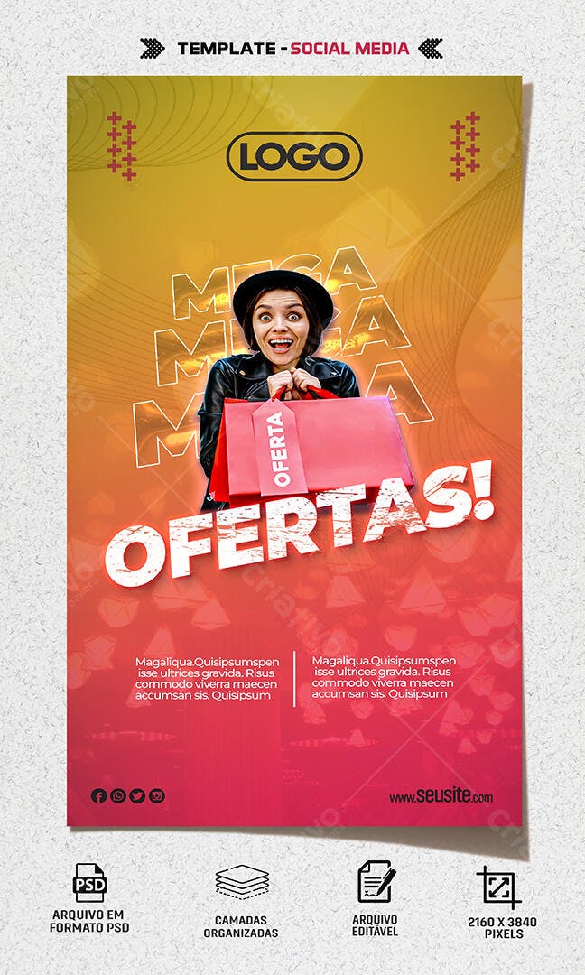 Story para Mega Ofertas de Loja com Mulher e Sacolas PSD Editável