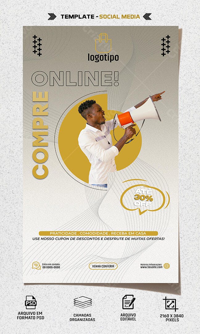 Flyer Promocional Online com Homem Megafone e 30% OFF PSD Editável