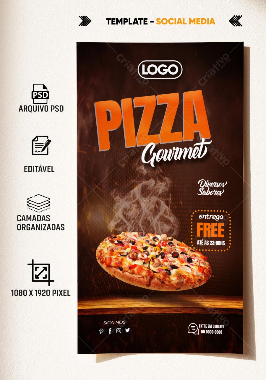 Flyer para Pizza Gourmet com Entrega Grátis PSD Editável