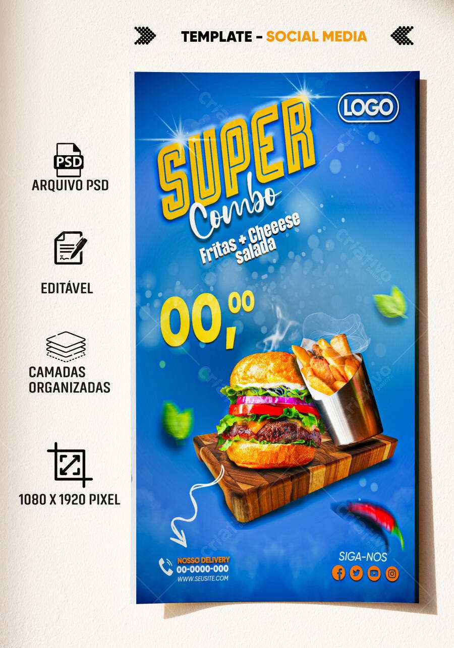 Flyer Social Media Super Combo Hambúrguer Fritas PSD Editável