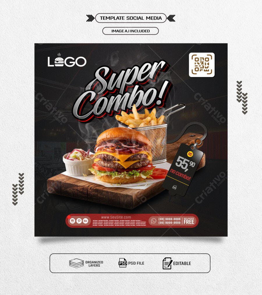 Flyer Lanchonete Super Combo Hambúrguer Batata Frita R$ 55,90 PSD Editável