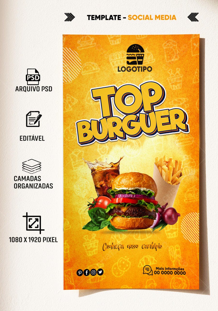 Flyer Promocional TOP BURGUER com Combo Batata e Refri PSD Editável
