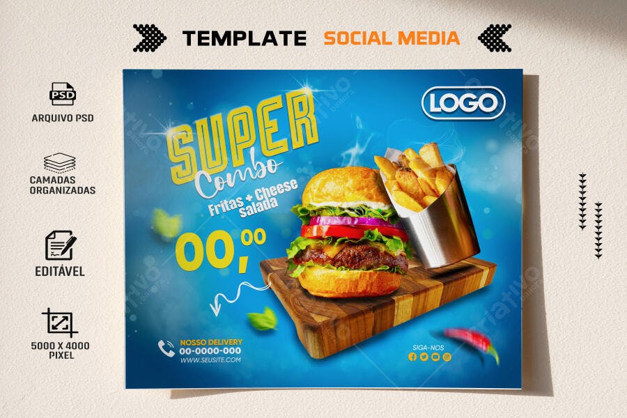 Post Redes Sociais Super Combo Hambúrguer Fritas Queijo Salada PSD Editável
