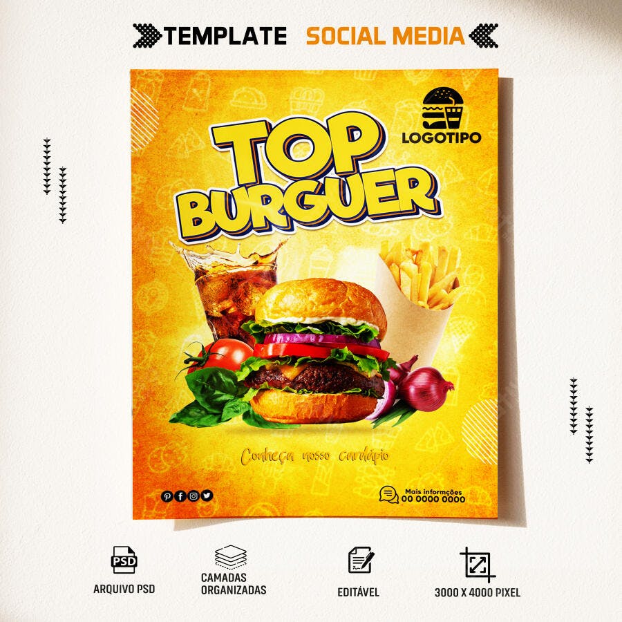 Post Social Mídia Top Burguer Lanchonete PSD Editável