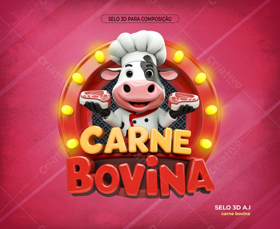 Selo 3D para Açougue Carne Bovina PSD Editável