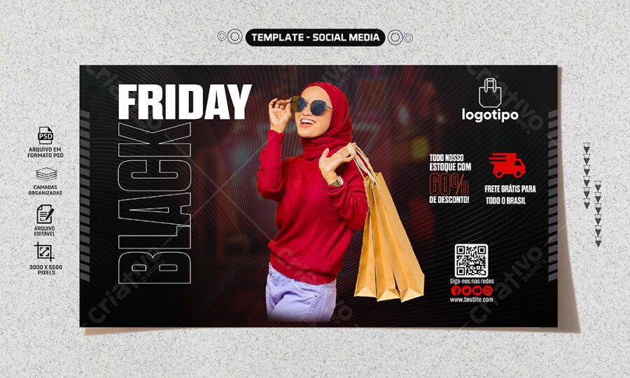 Post Social Media Black Friday Mulher de Hijab 60% Off PSD Editável