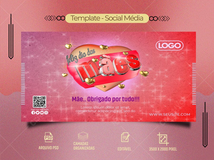 Social Media para Dia das Mães com corações dourados PSD Editável
