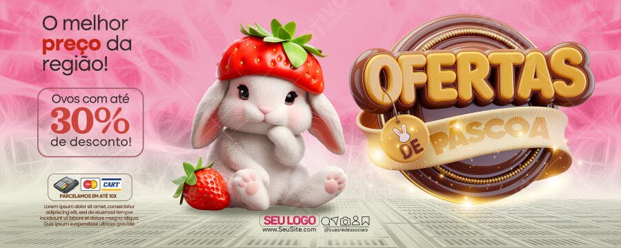 Flyer Ofertas de Páscoa Coelho Morango 30% de Desconto PSD Editável