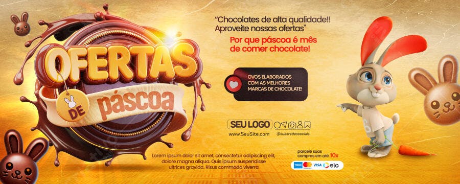 Flyer para Ofertas de Páscoa com Coelhos e Chocolate PSD Editável