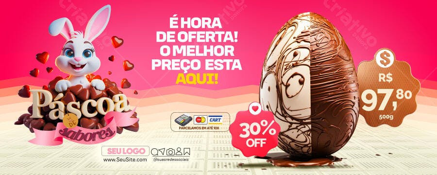 Banner Digital Páscoa com Coelhinho Fofo e Ovo de Chocolate Oferta PSD Editável