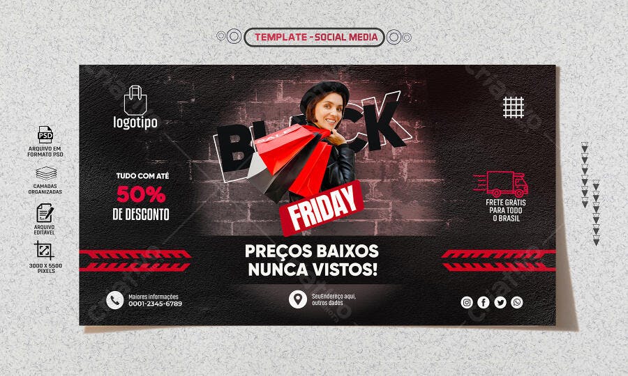 Post para Redes Sociais Black Friday 50% Desconto PSD Editável