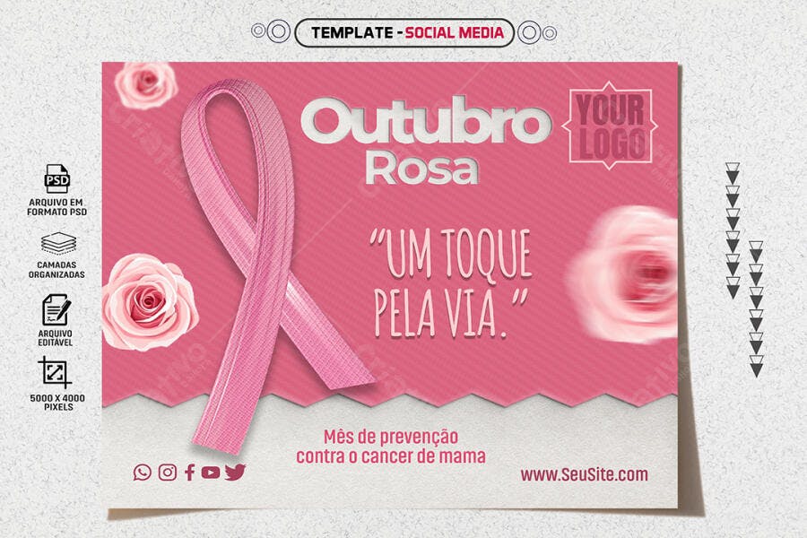 Post para Redes Sociais Outubro Rosa 'Um Toque Pela Via' PSD Editável