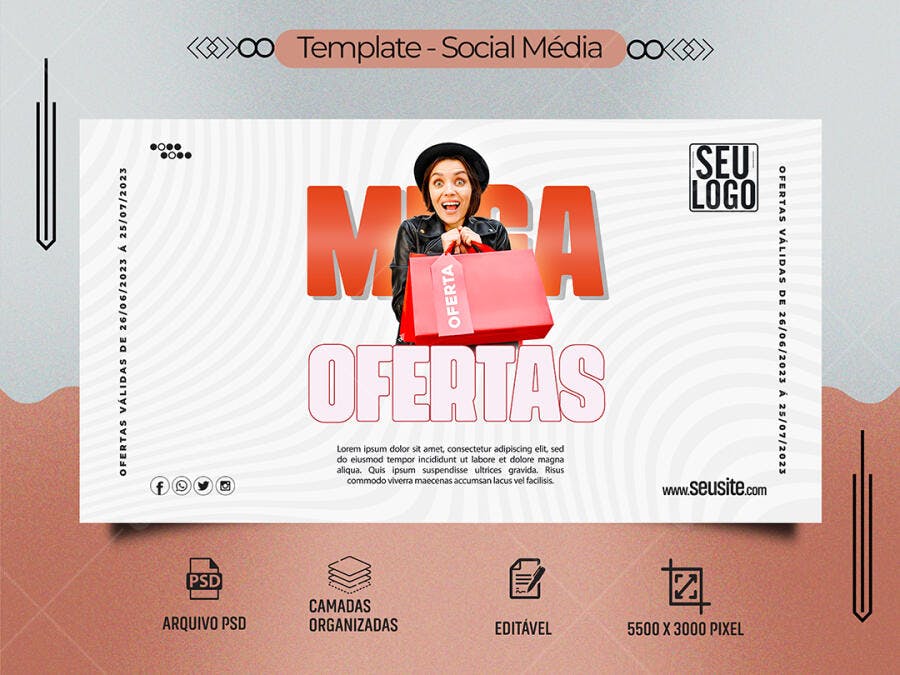 Post Redes Sociais Mega Ofertas Loja de Roupas Feminina PSD Editável