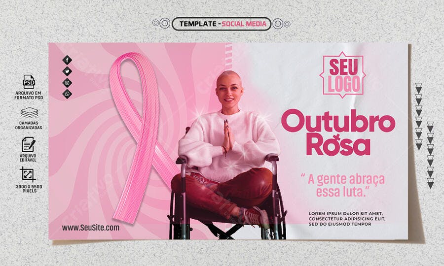 Flyer Outubro Rosa Mulher Careca Sorrindo PSD Editável