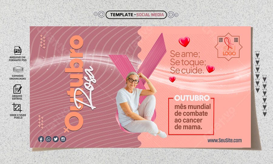 Post Social Outubro Rosa Mulher Sênior "Se Ame Se Toque Se Cuide" PSD Editável