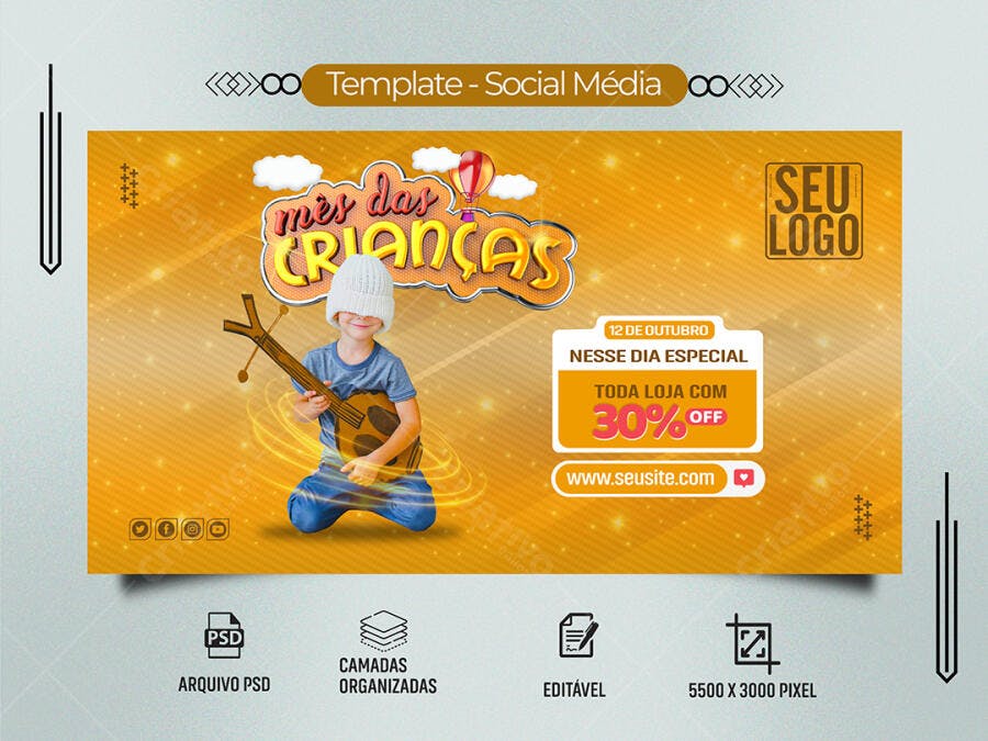 Flyer Digital Mês das Crianças Promoção 30% OFF PSD Editável