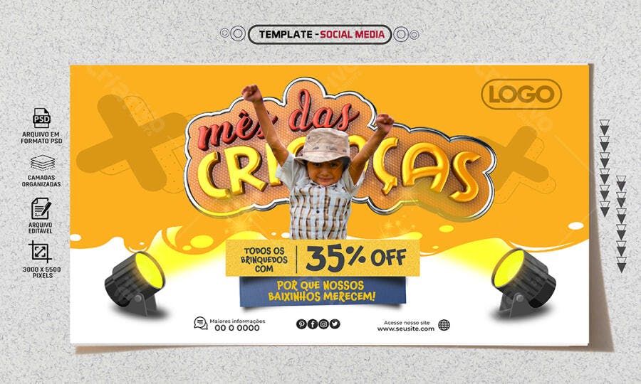 Flyer para Promoção Mês das Crianças Brinquedos 35% Off PSD Editável