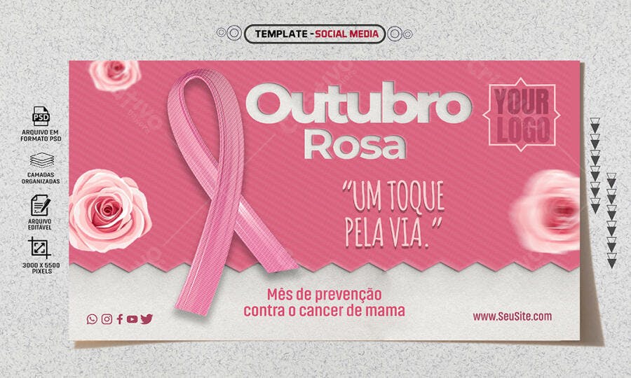 Post Social Mídia Outubro Rosa "Um Toque Pela Via" PSD Editável