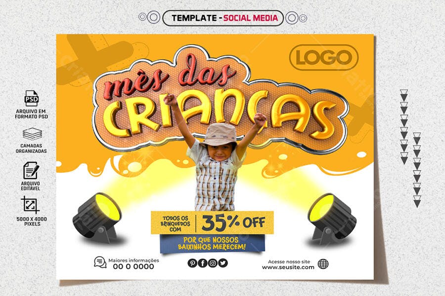 Flyer Mês das Crianças Menino Feliz 35% OFF PSD Editável