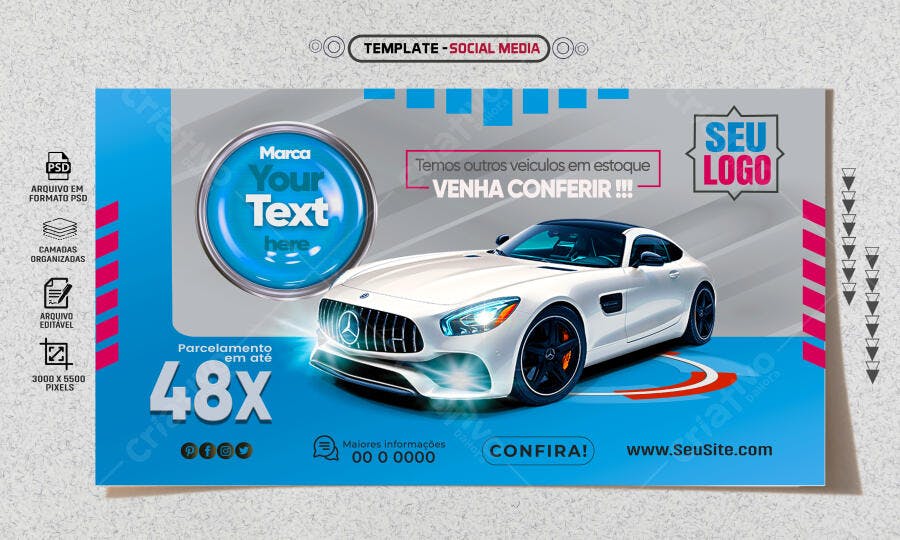 Post Social Media Carro Branco Mercedes Parcelamento 48x PSD Editável