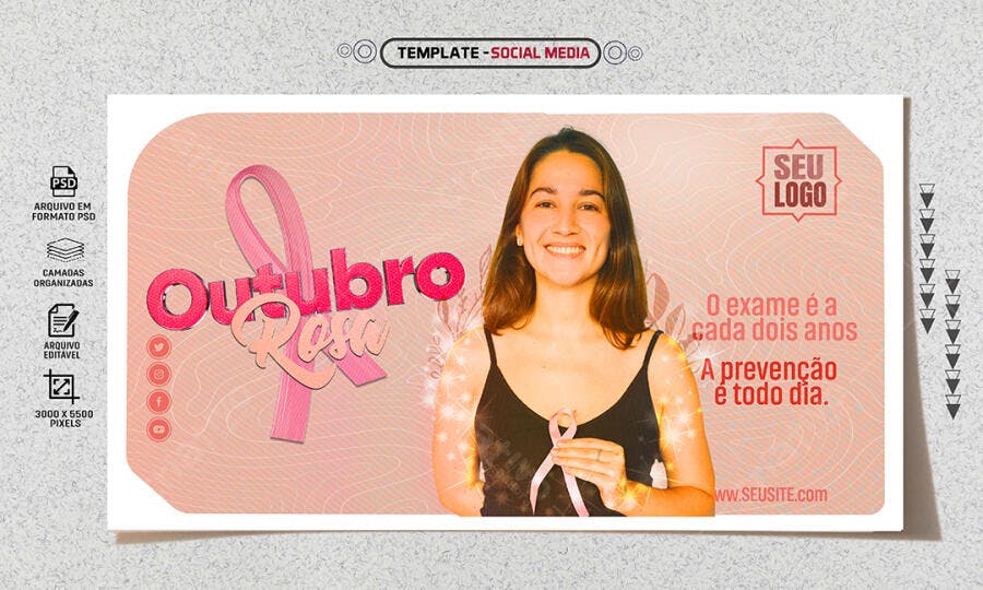 Post para Campanha Outubro Rosa Mulher Laço Rosa PSD Editável