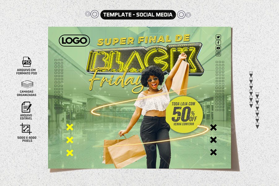 Flyer Super Final de Black Friday com 50% OFF PSD Editável