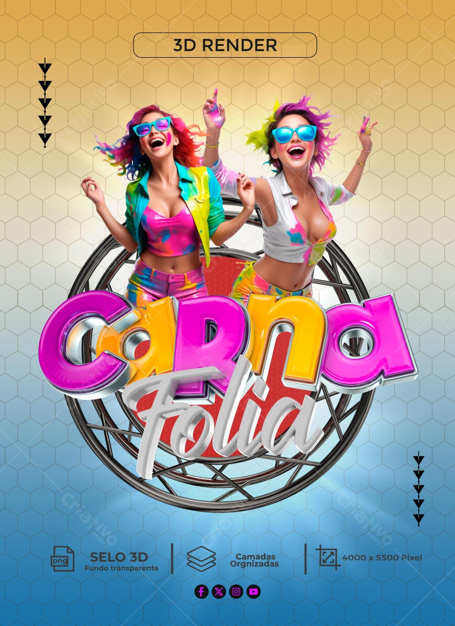 Flyer para Festa de Carnaval Carna Folia 3D com Mulheres Vibrantes PSD Editável