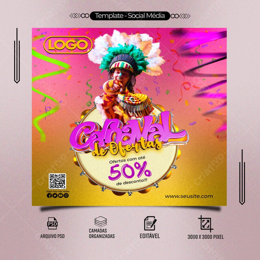 Post para Carnaval de Ofertas com Foliã e Tamborim PSD Editável