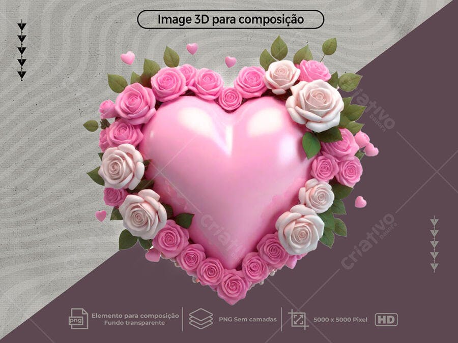 Coração 3D Rosa com Rosas e Folhas para Dia dos Namorados PSD Editável