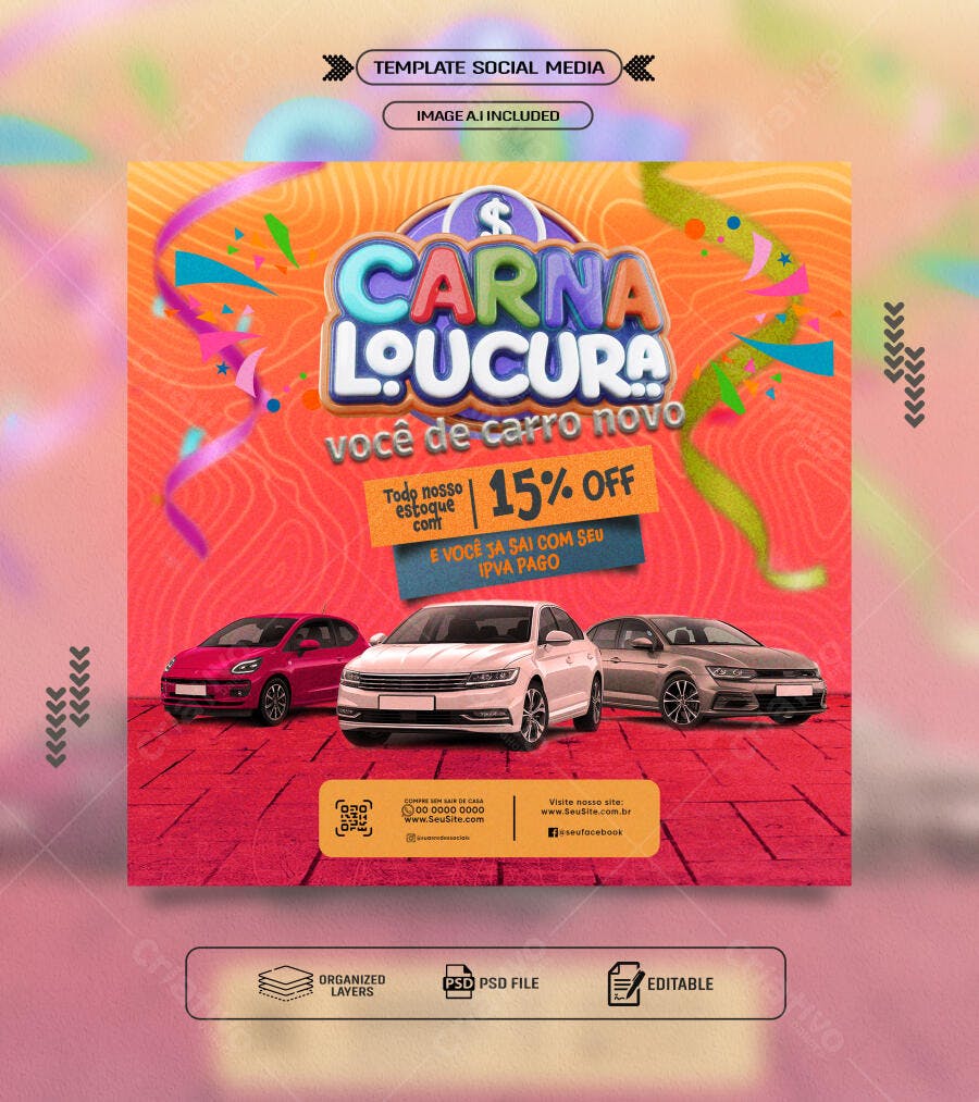 Banner Promocional Carna Loucura Carros com 15% OFF e IPVA Pago PSD Editável
