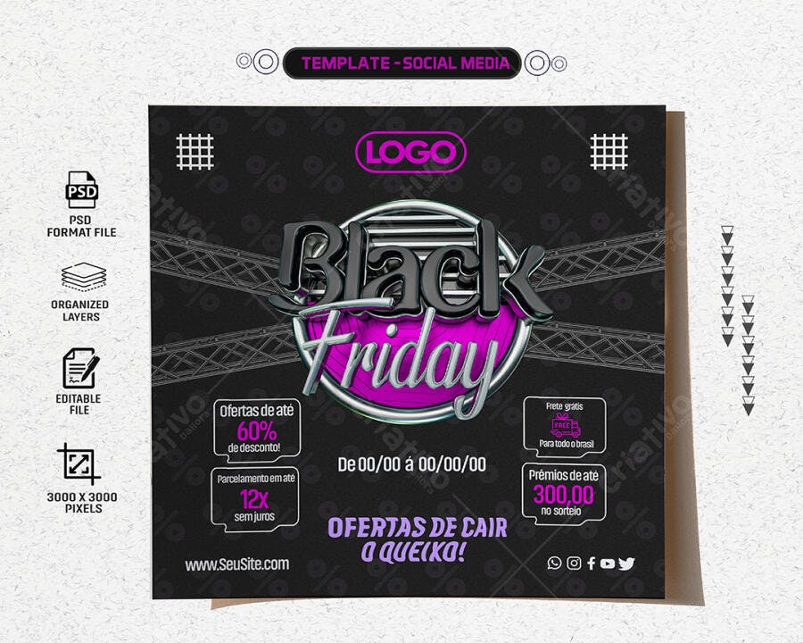 Flyer Social Media Black Friday 60% Desconto Frete Grátis PSD Editável