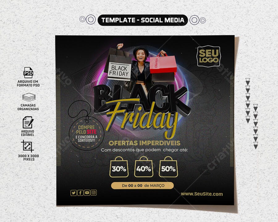 Flyer Black Friday com Mulher e Sacolas de Compras PSD Editável